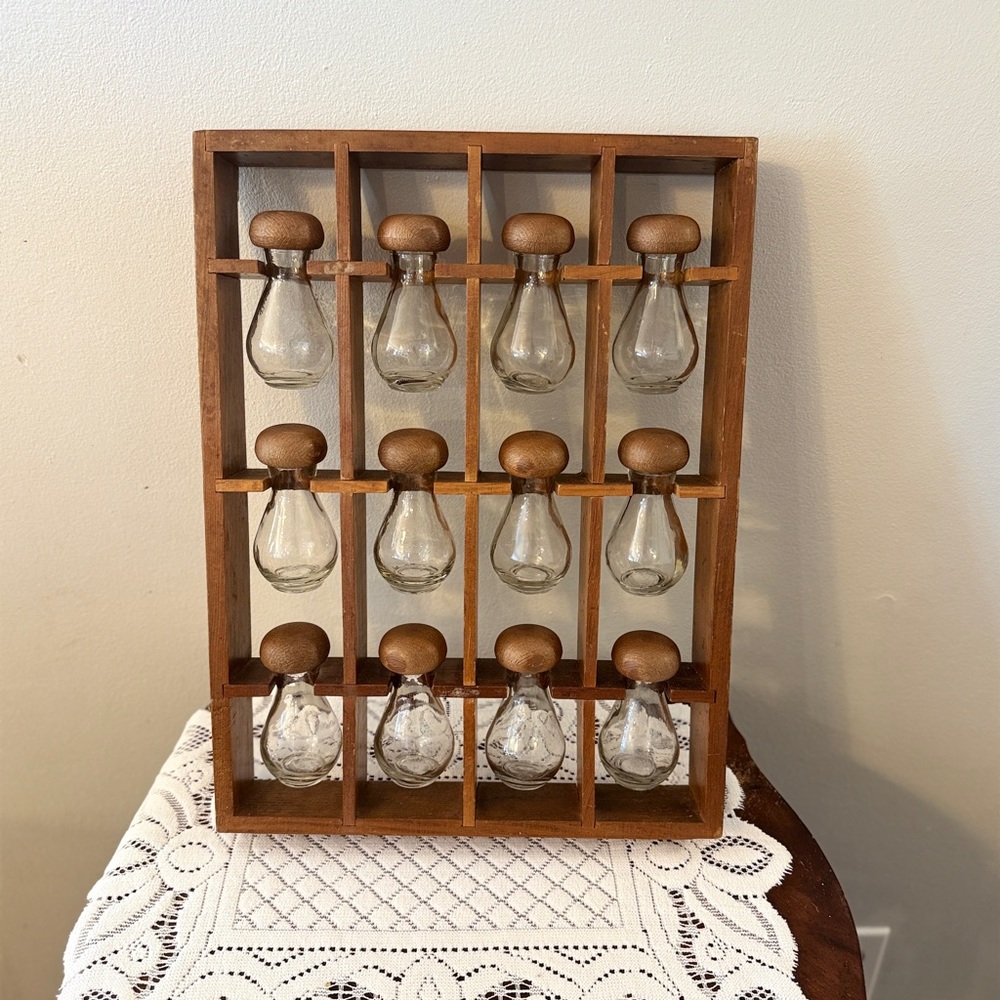 Vintage MCM Wooden Teardrop/Mushroom Glass Spice Rack